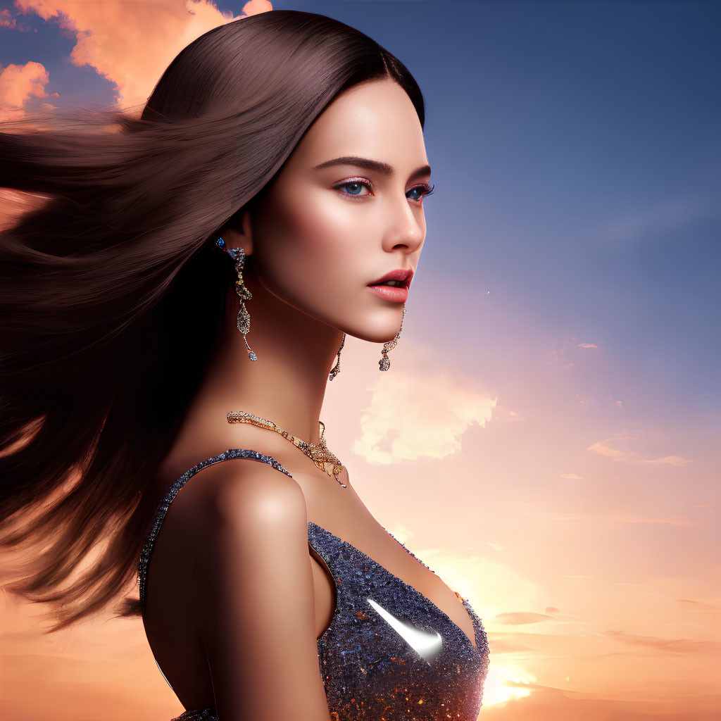Digital portrait of woman with flowing hair, elegant jewelry, and glittering dress against sunset sky