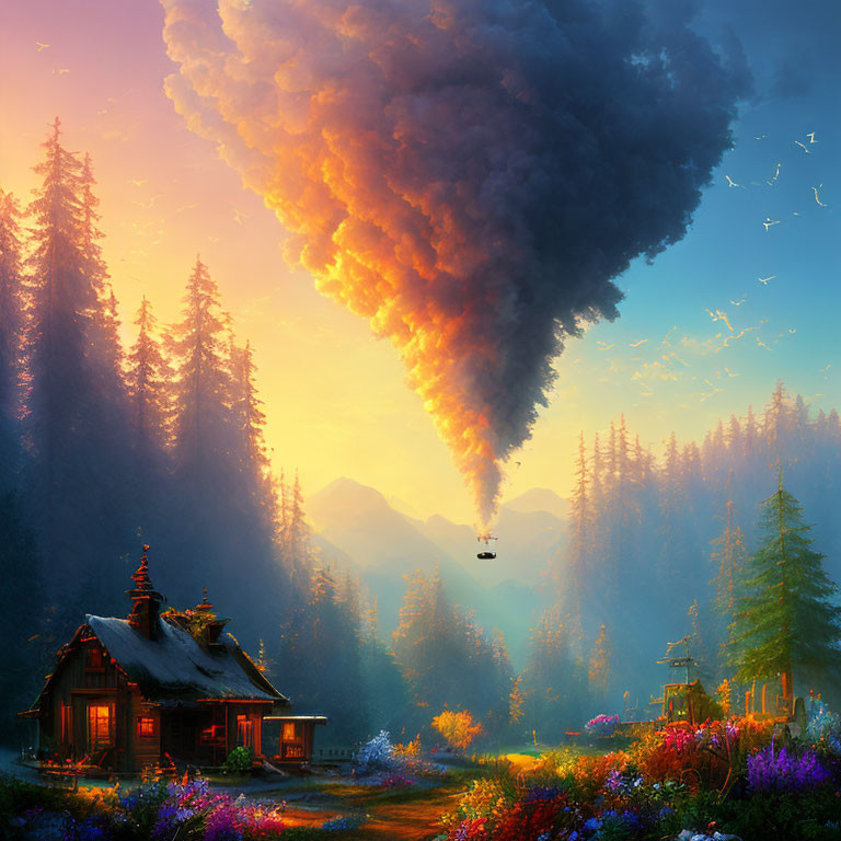 Scenic landscape with cabin, flowers, trees, mountains, and swirling clouds
