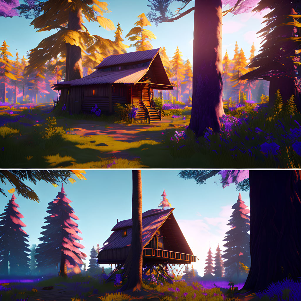 Vibrant forest cabin illustrations with sun rays in colorful setting