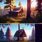 Vibrant forest cabin illustrations with sun rays in colorful setting