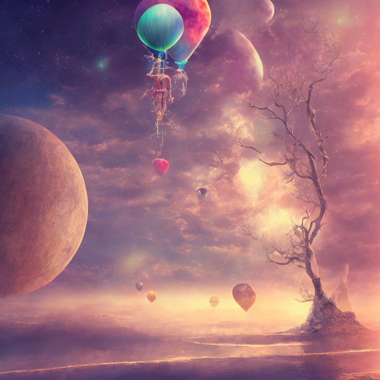 Colorful hot air balloons in surreal moonlit landscape