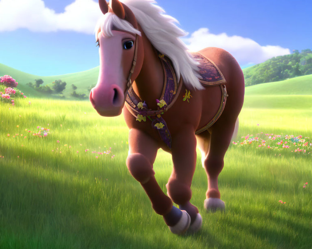 Brown horse with blond mane and purple flowers in sunny meadow