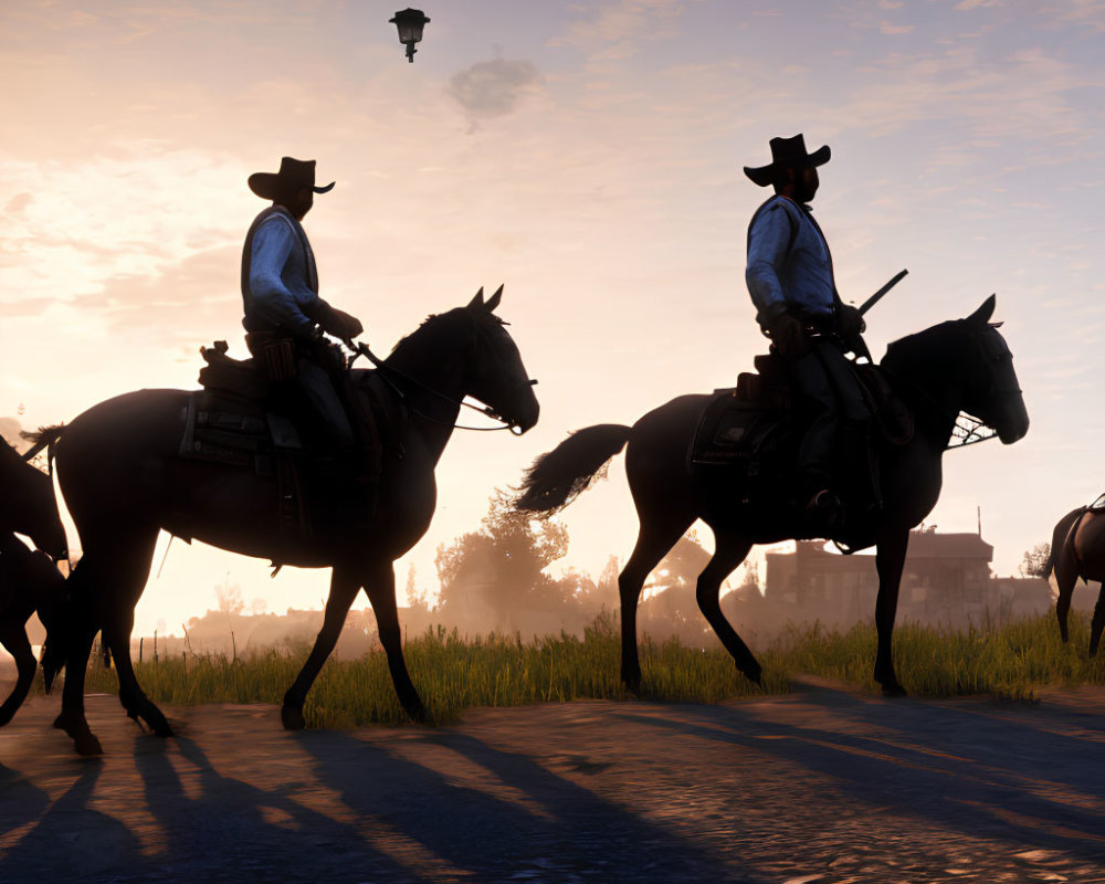 Silhouetted cowboys on horseback at sunrise with hot air balloon and building.