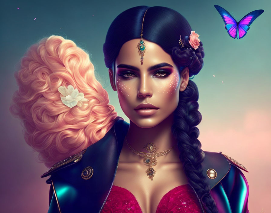 Stylized digital artwork of woman with elaborate braid and leather jacket