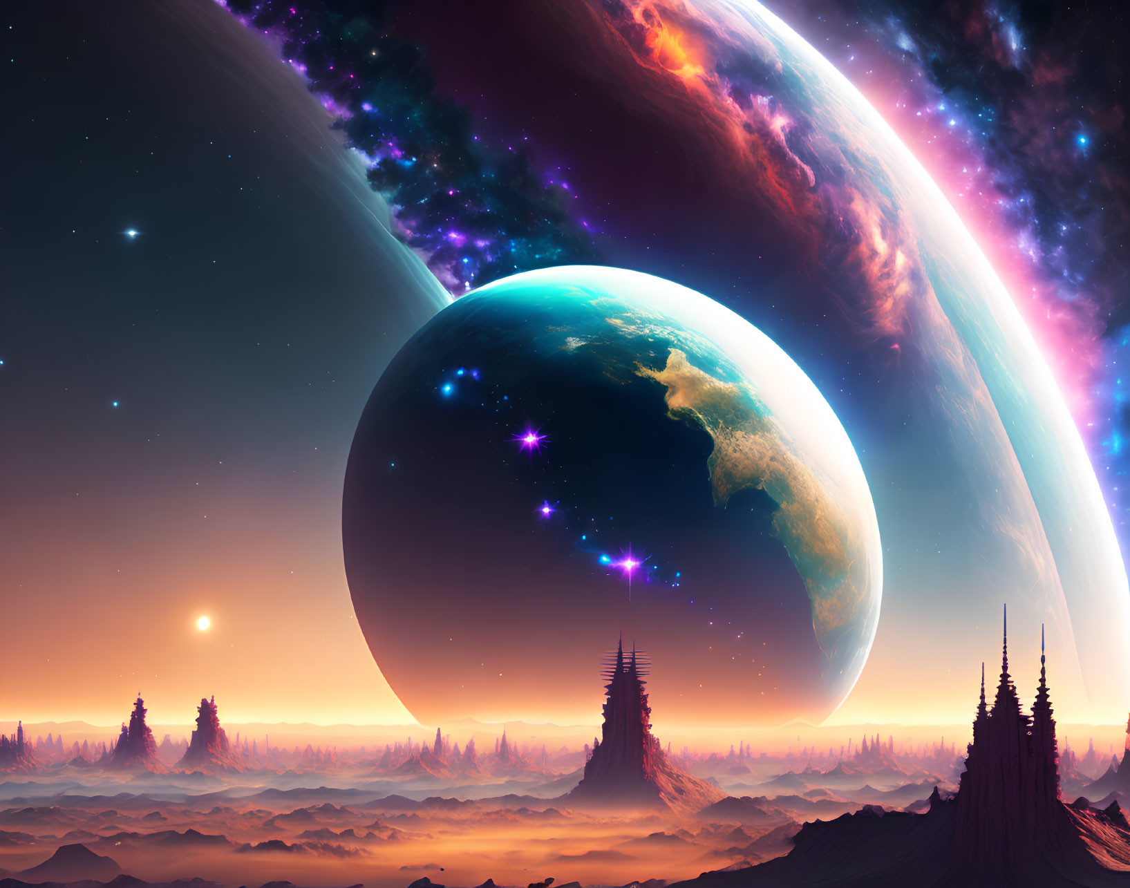 Colorful sci-fi landscape with multiple planets and alien terrain under a starry sky.