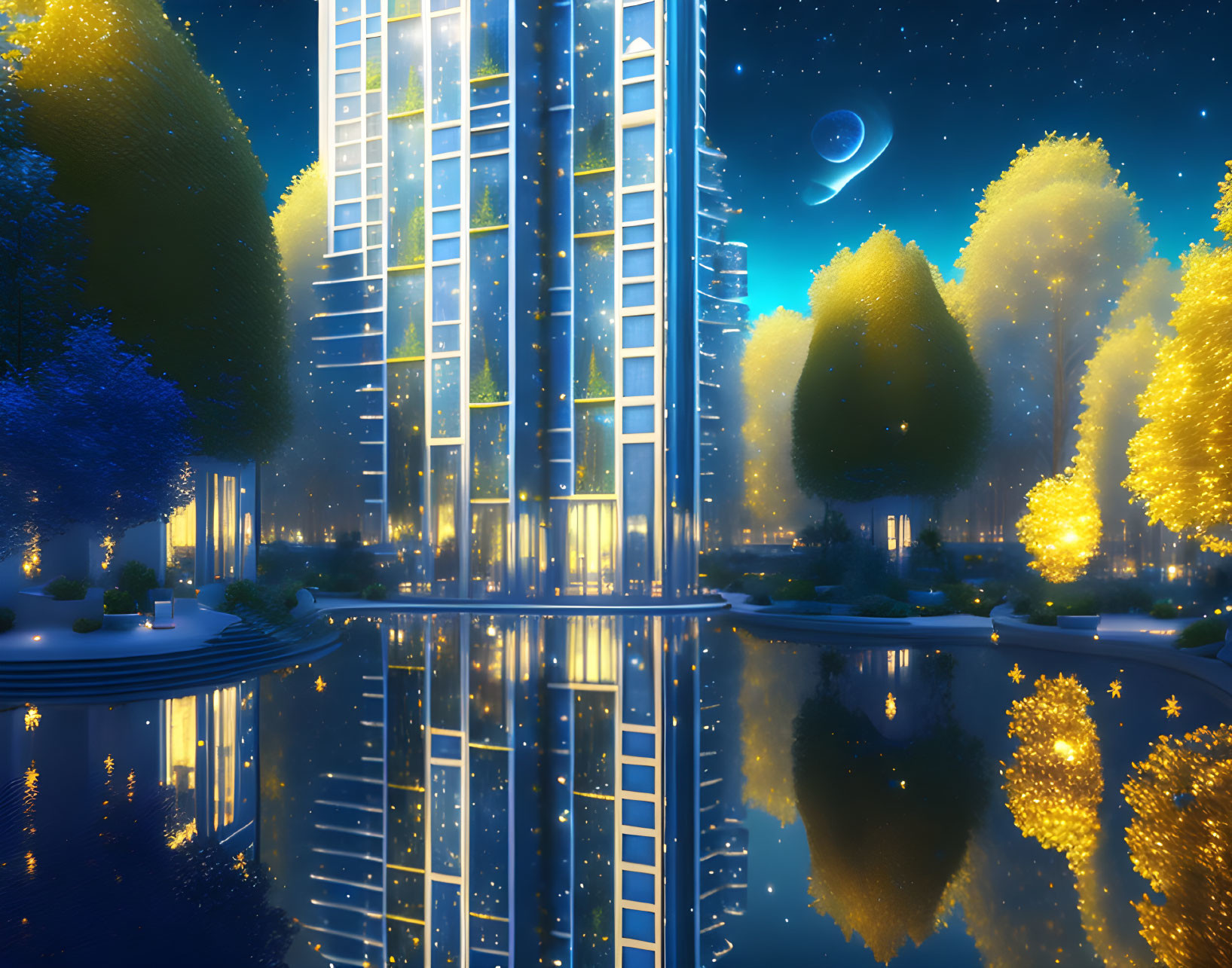 Futuristic building with glowing trees at night