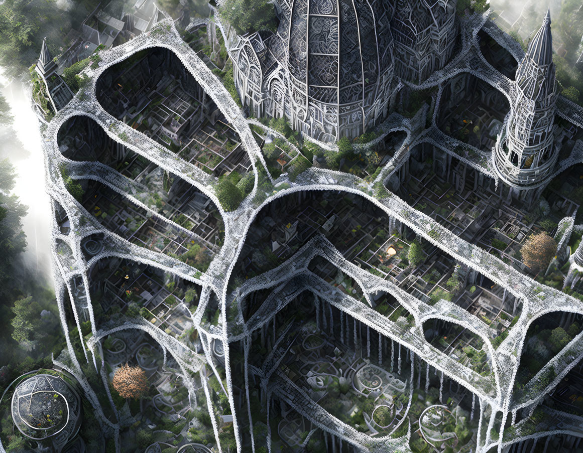 Fantasy city with web-like structure and Gothic architecture