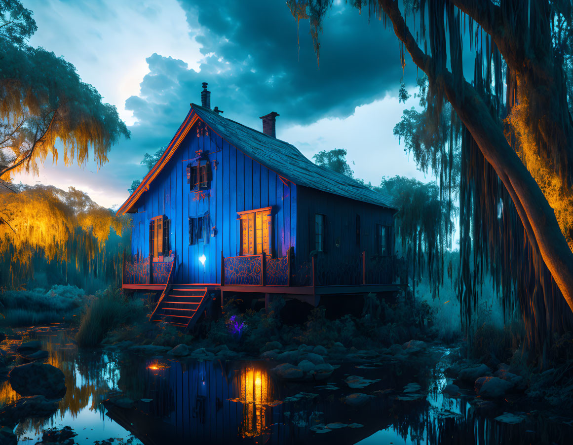Blue House by Serene Pond Surrounded by Willow Trees at Twilight