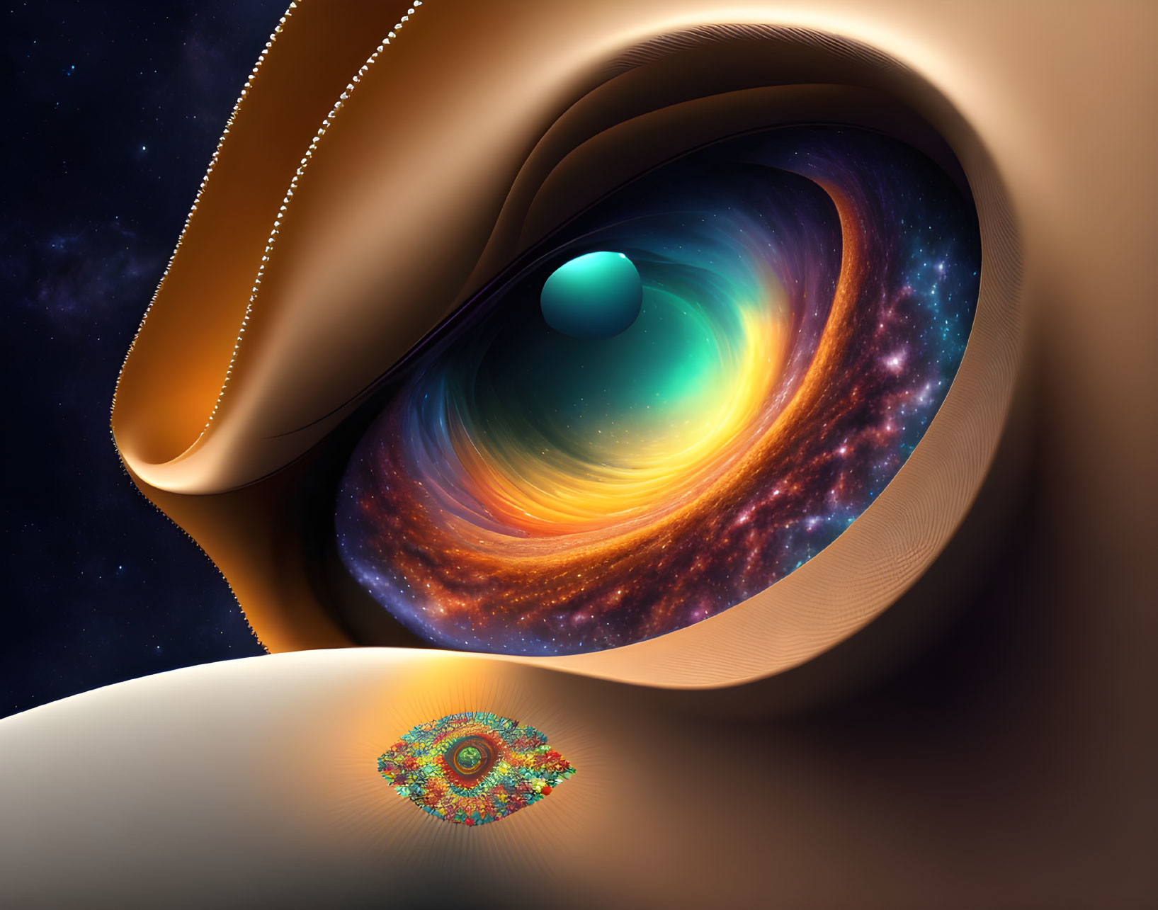 Colorful swirling galaxy in cosmic image with eye-like structures.