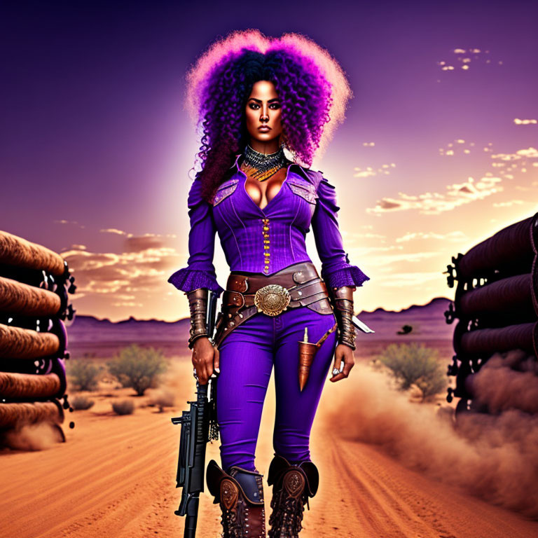 Confident woman in purple futuristic outfit with rifle in desert sunset landscape