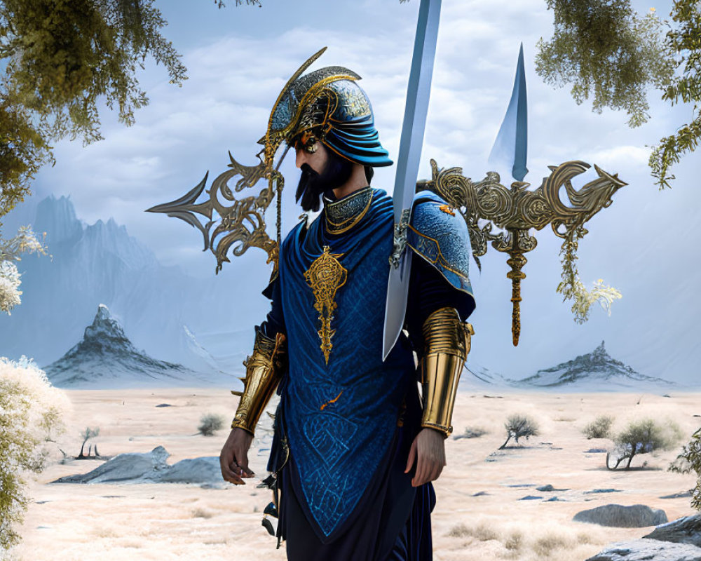 Fantasy warrior in elaborate armor with twin swords in desert landscape