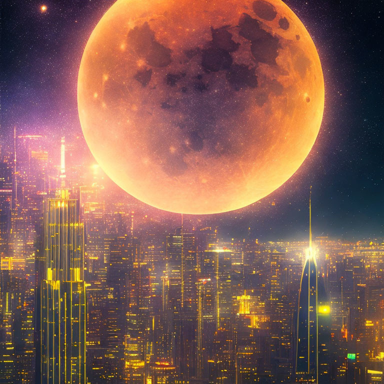 Futuristic cityscape with radiant skyscrapers under a large moon