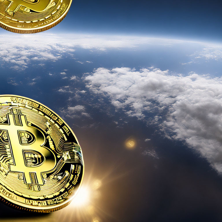 Floating golden Bitcoin coins above clouds symbolize digital currency's value.