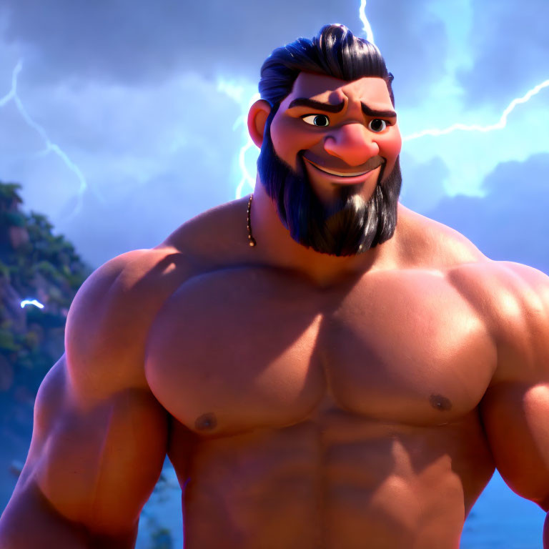 Muscular animated character with gold earring in stormy background