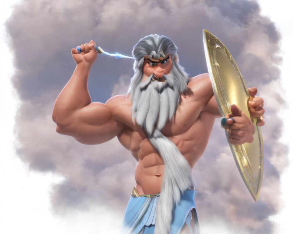 Muscular bearded character with lightning bolt and shield on cloudy sky background