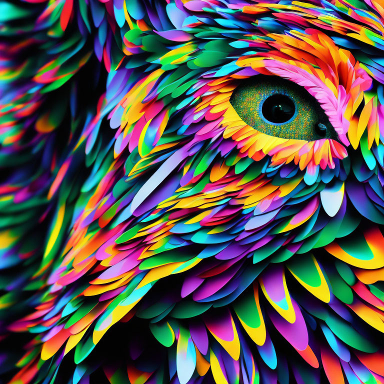 Colorful abstract owl image with vibrant rainbow feathers and detailed eye.