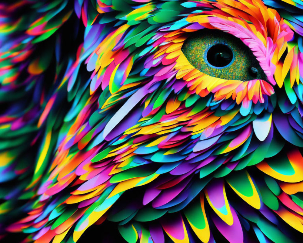 Colorful abstract owl image with vibrant rainbow feathers and detailed eye.