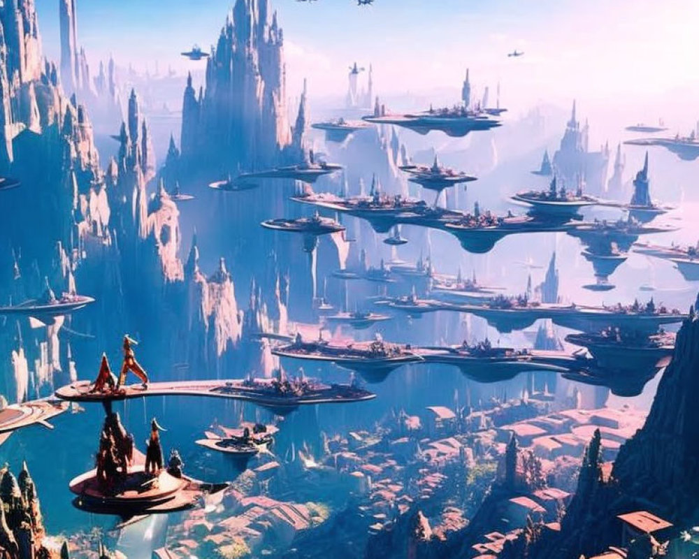 Futuristic city with towering spires and flying vehicles against mountainous backdrop