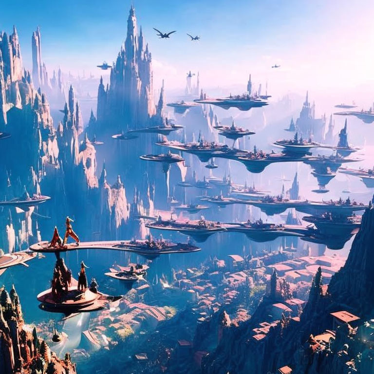 Futuristic city with towering spires and flying vehicles against mountainous backdrop