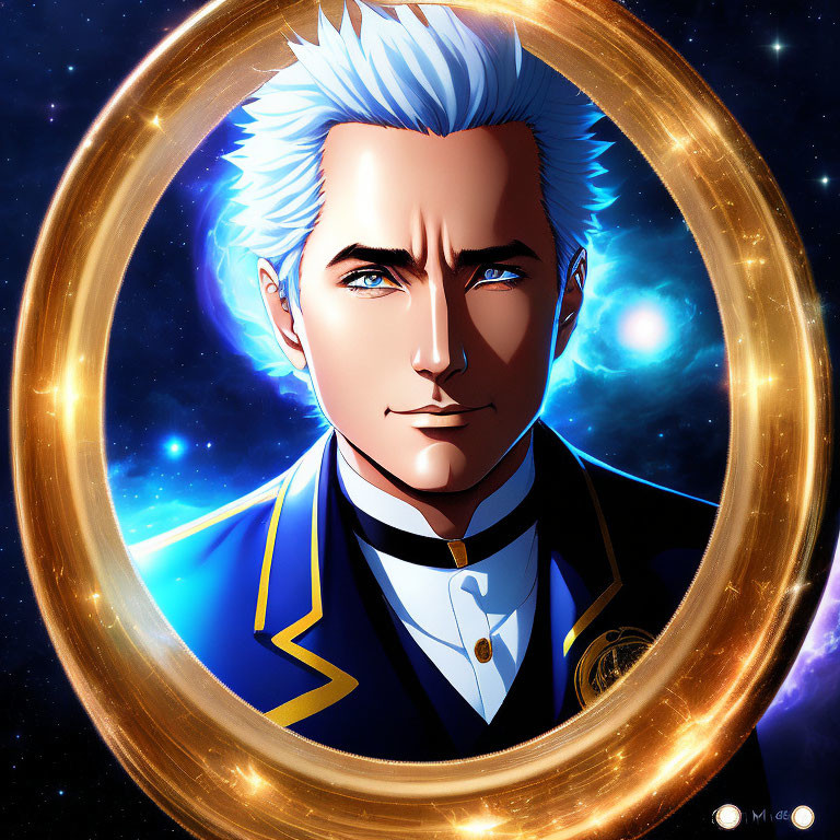 Animated portrait: Male character with white hair and blue eyes in golden circle on starry space background
