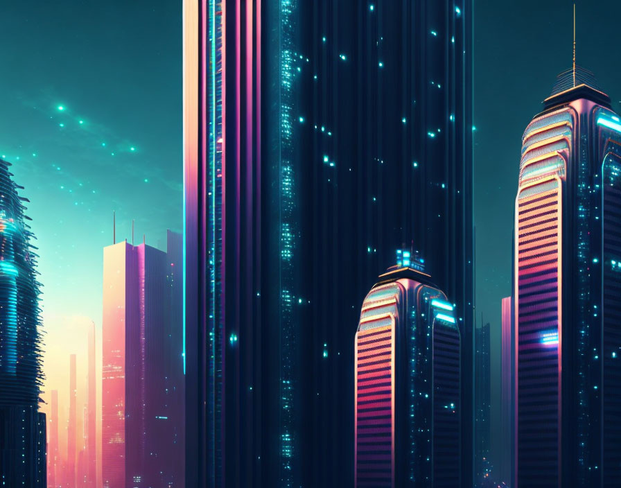 Neon-lit skyscrapers in futuristic skyline at twilight