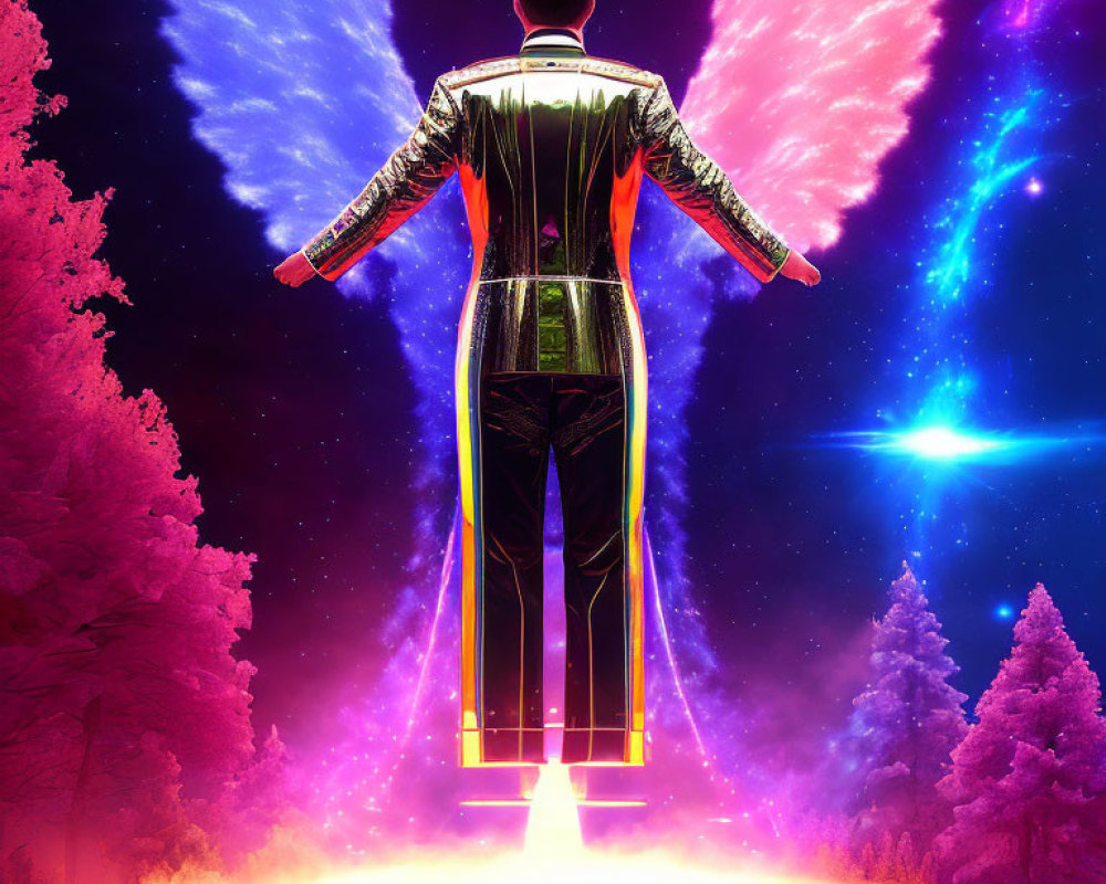 Futuristic suit person with neon wings in cosmic forest scene