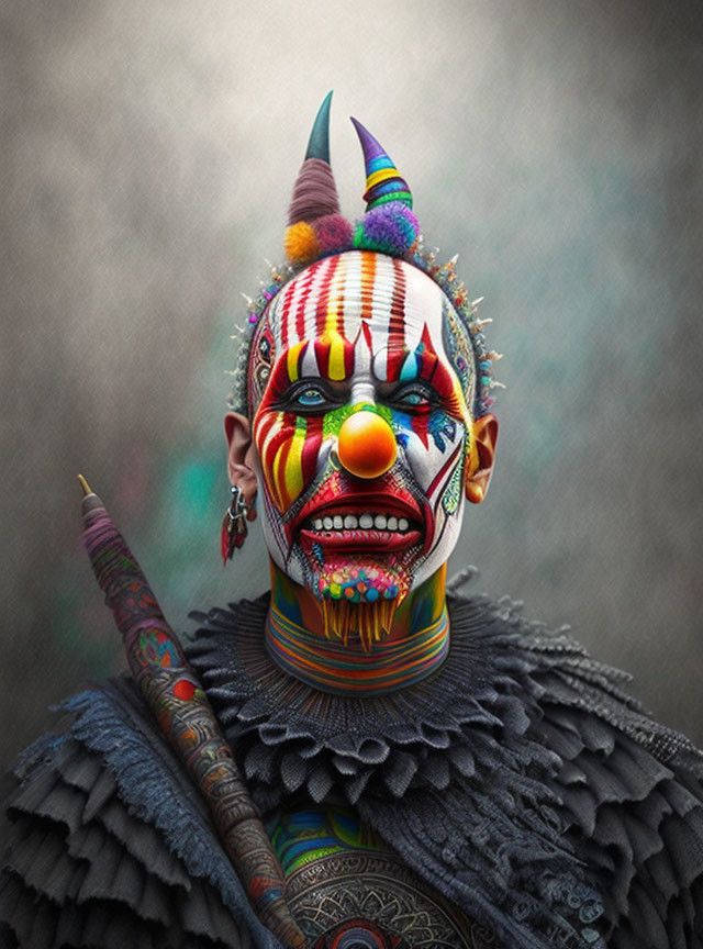 Colorful clown makeup with tattoos, feathered collar, and piercings.