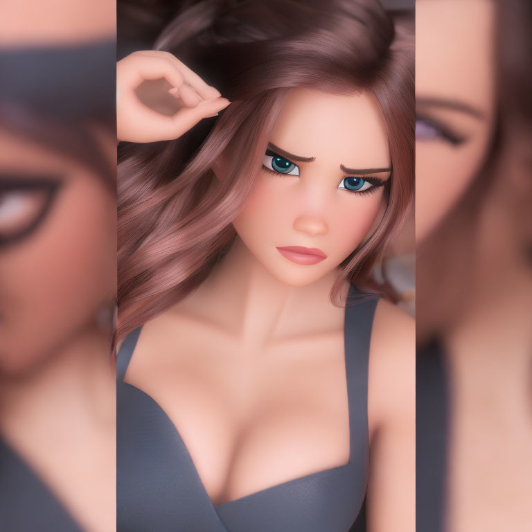Stylized 3D render of woman with puzzled expression and brown hair, mirror reflections.