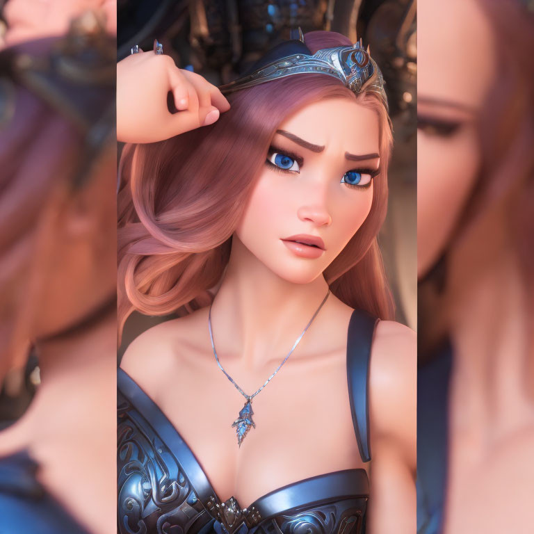 3D illustrated female character with pink hair and blue eyes in blue outfit