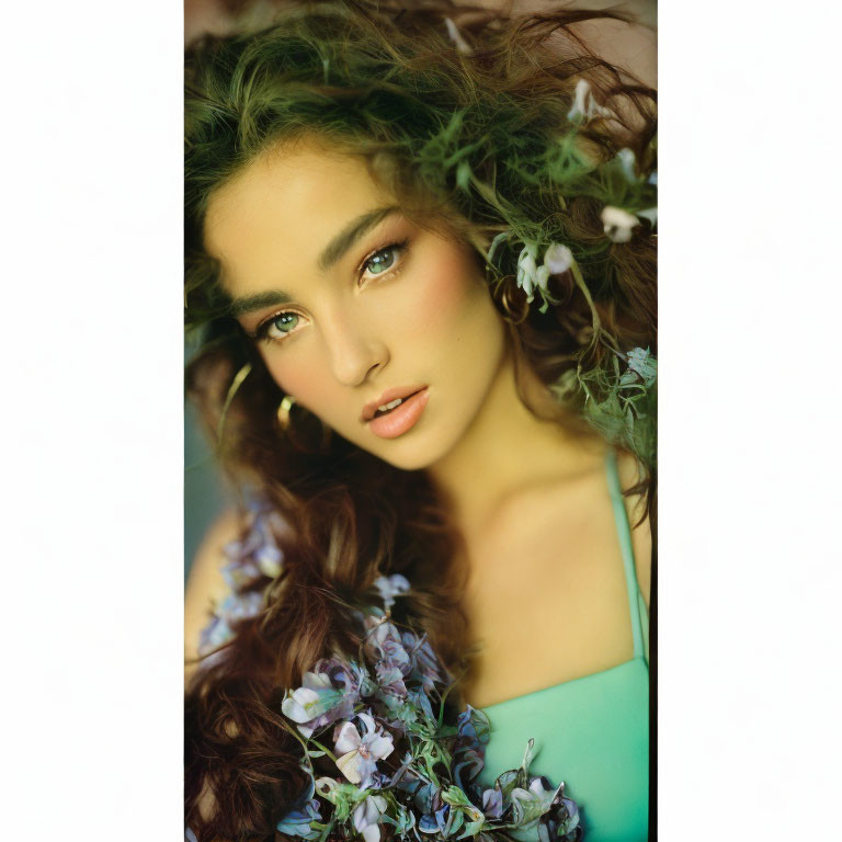 Curly-haired woman with floral adornments and serene gaze.