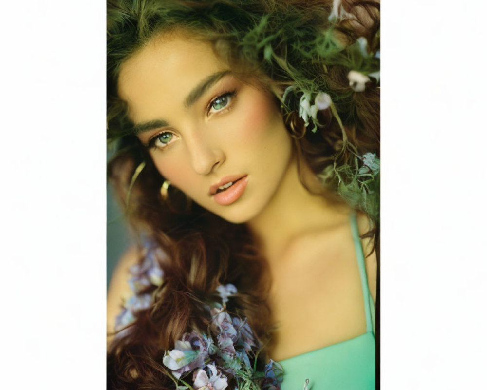 Curly-haired woman with floral adornments and serene gaze.