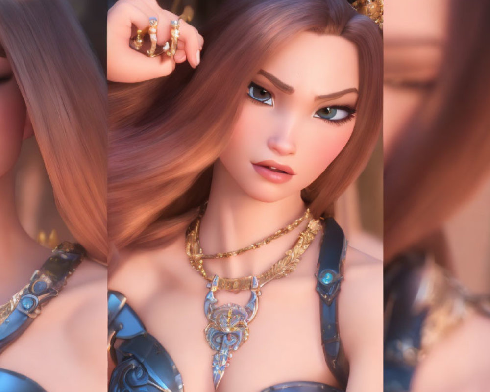 3D-rendered female warrior with fair skin, long brown hair, gold jewelry, and blue armor