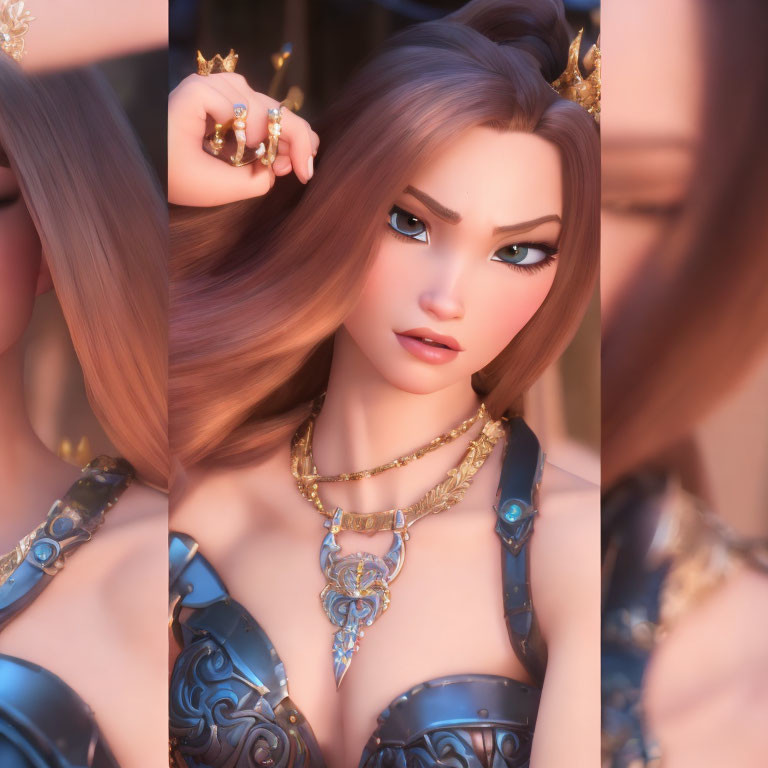 3D-rendered female warrior with fair skin, long brown hair, gold jewelry, and blue armor