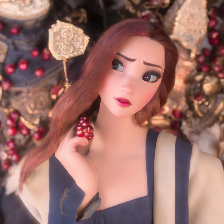 Auburn-Haired Female Character Holding Berry Cluster in 3D Render