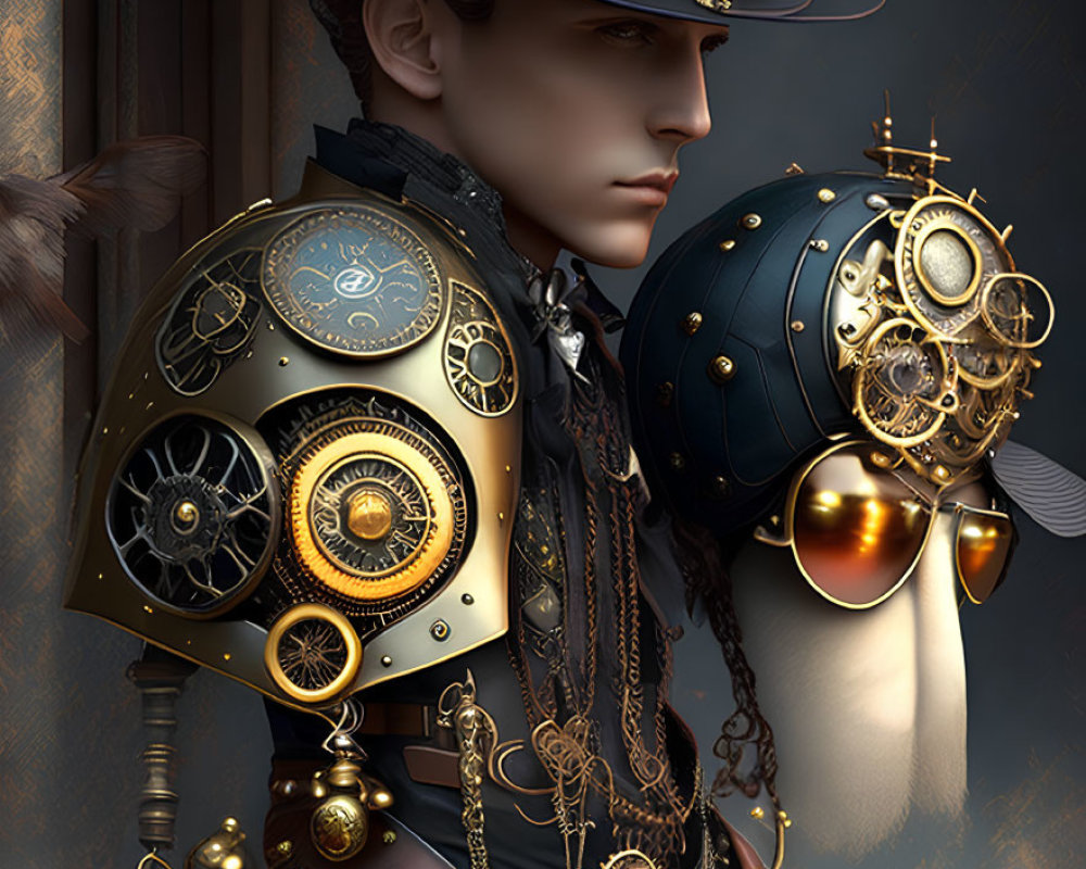 Steampunk-themed digital artwork with intricate gear mechanisms and metallic details