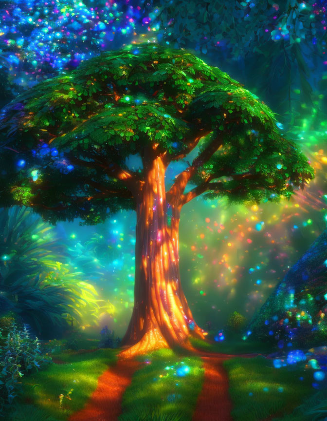 Mystical tree with luminous leaves in enchanted forest