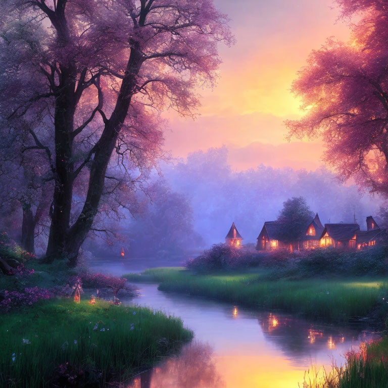 Tranquil twilight river scene with glowing lanterns and cozy cottages