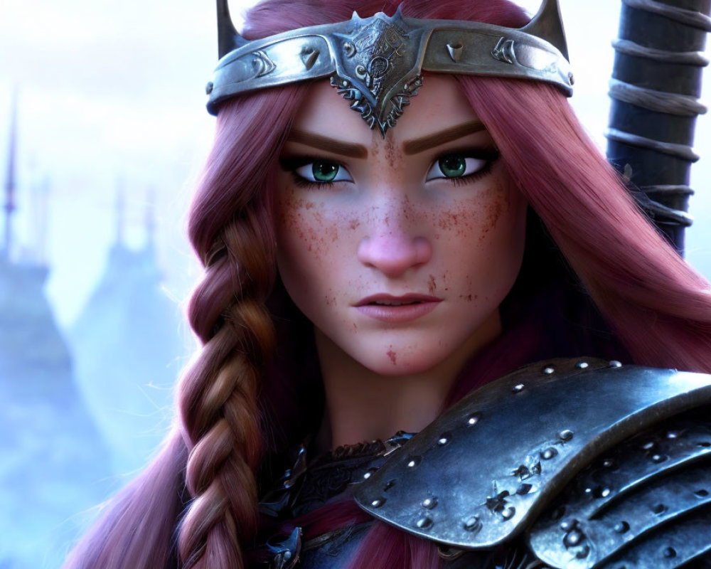 Detailed 3D-animated female warrior in red hair and plate armor.
