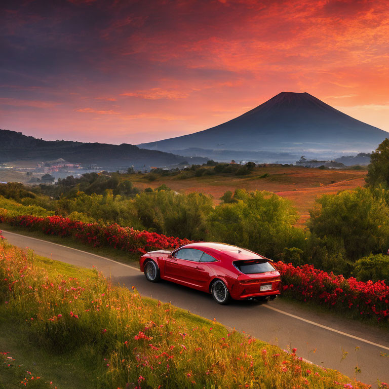 Red sports car parked near vibrant flowers with majestic mountain and dramatic sunset.