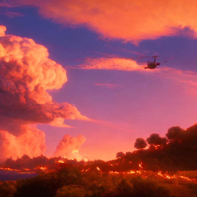 Helicopter flying in dramatic purple and orange sky above fiery landscape.
