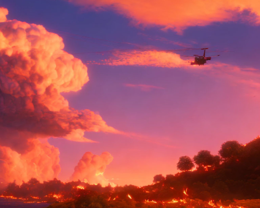 Helicopter flying in dramatic purple and orange sky above fiery landscape.