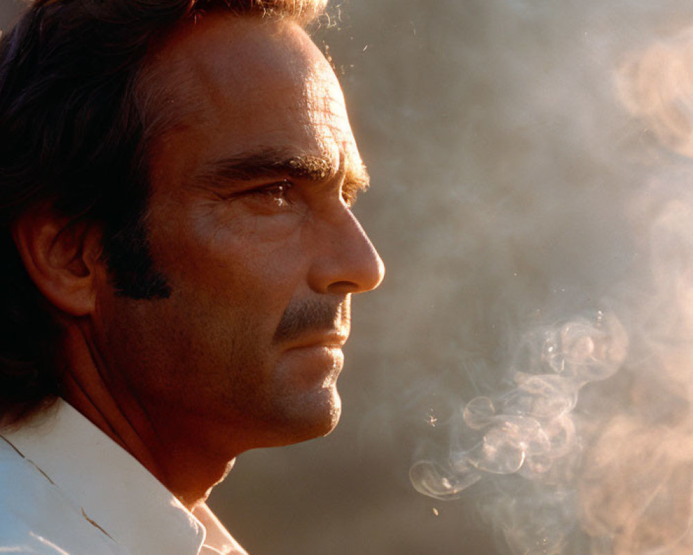 Man with Dark Hair and Mustache in White Shirt Surrounded by Sunlit Smoke