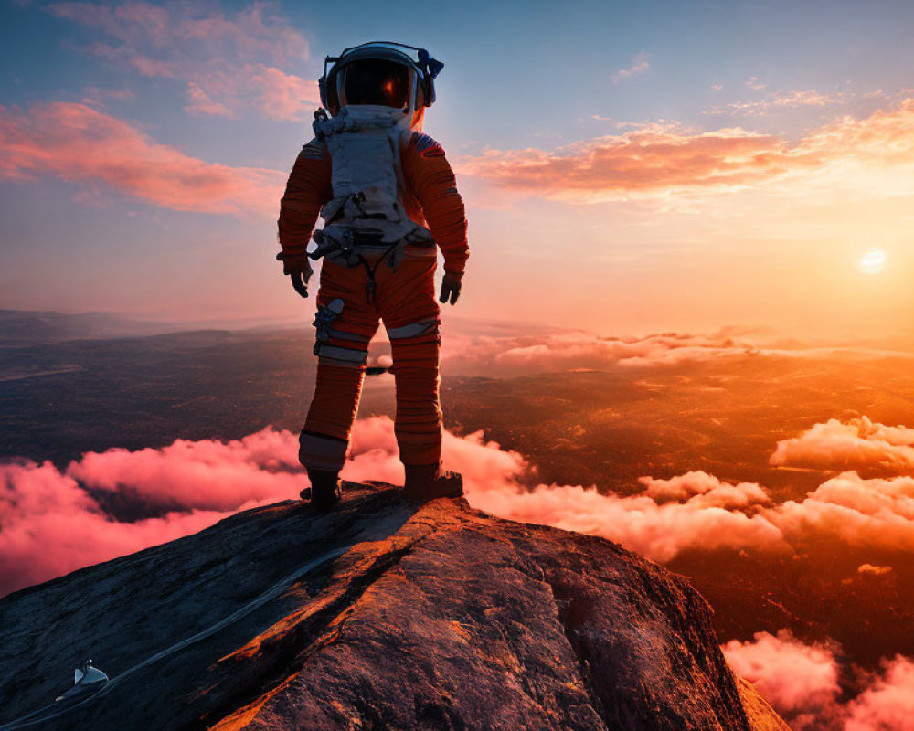 Astronaut on rocky summit at sunset with vast landscape view