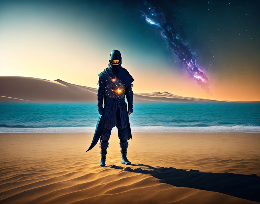 Futuristic astronaut with sword in desert under twilight sky