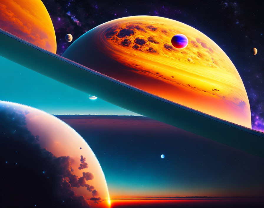 Colorful Planets and Moons in Cosmic Space Scene