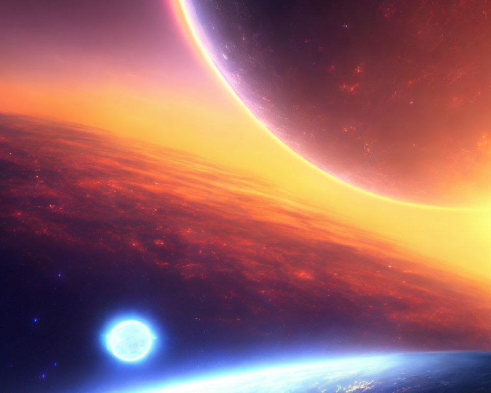 Colorful Space Scene with Curved Planet Horizon and Celestial Bodies