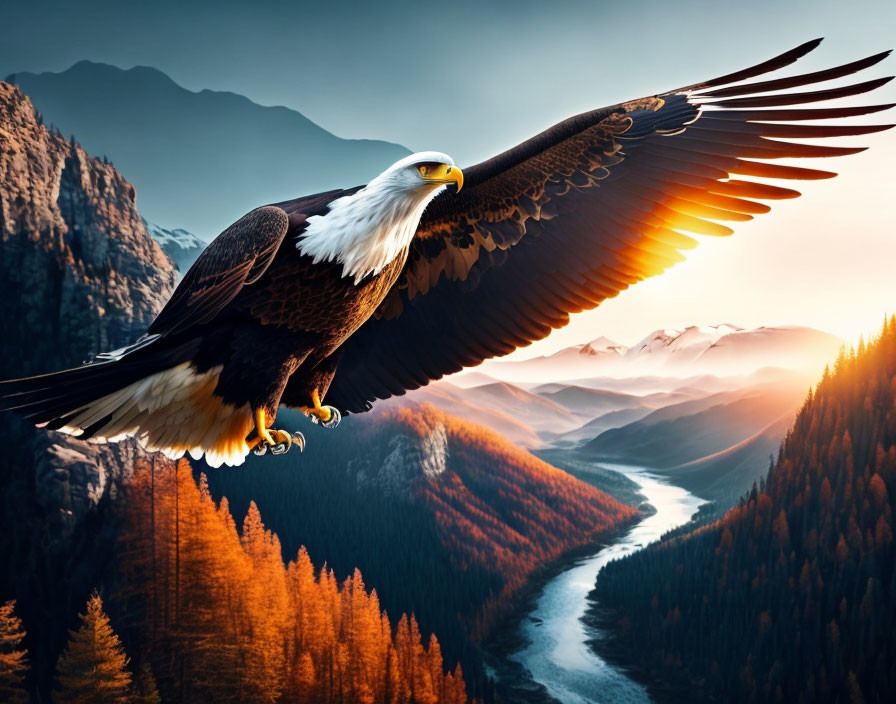 Bald eagle flying over autumn mountain valley at sunset