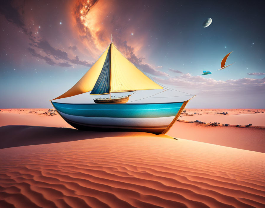 Sailboat on desert dunes under twilight sky with clouds, stars, and floating islands
