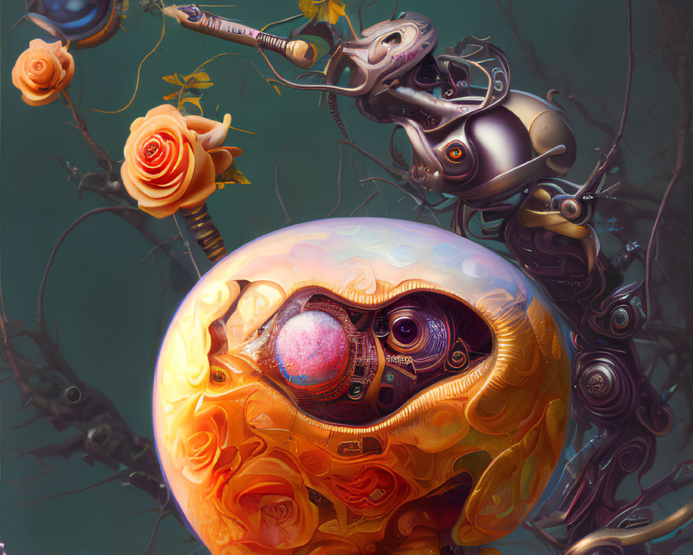 Colorful surreal illustration: robotic arm, vibrant flowers, skull with exposed eye