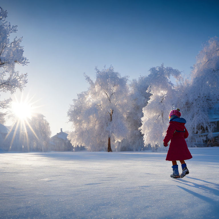 Child in Red Coat Walking on Snowy Landscape with Sun Rays